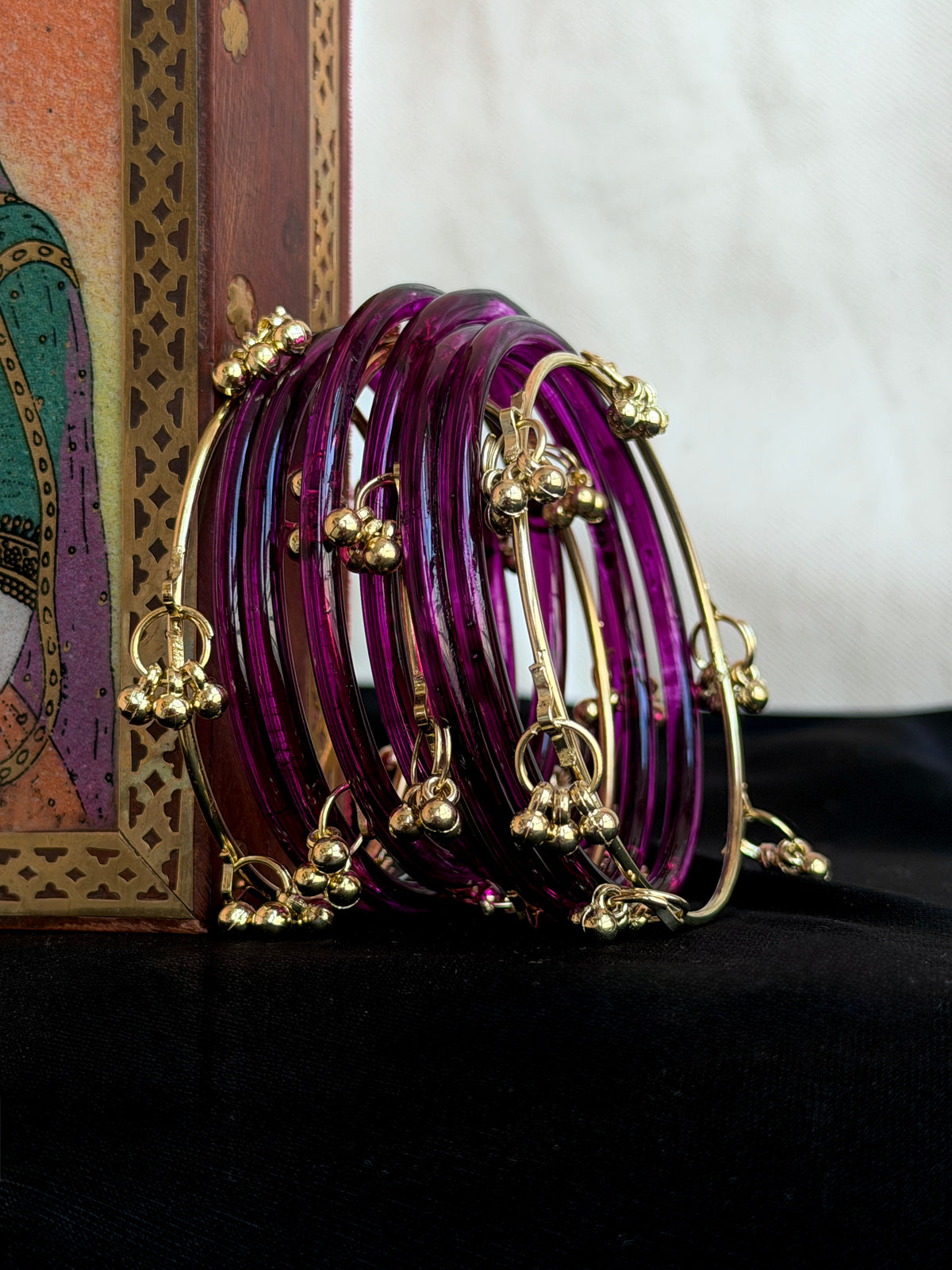 Glass Bangles with Golden Metal Bangles set