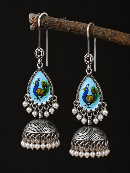 Peacock Print Top with Oxidized Jhumki Earring