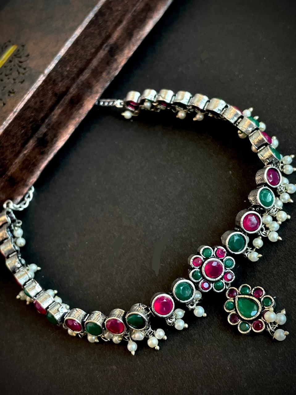 Oxidized Choker with Earring set with stone and beads work