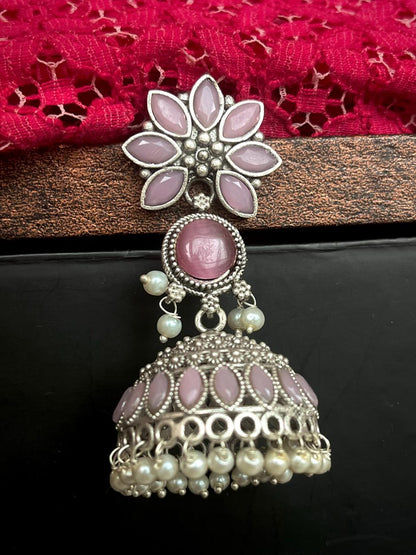 Monalisa Stone Flower Shape Top with Monalisa Stone Jhumka Silver Replica Earring