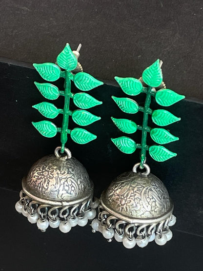 Hand Painted Multi Leaf Top with Black Polish Antique Look Jhumka Earring