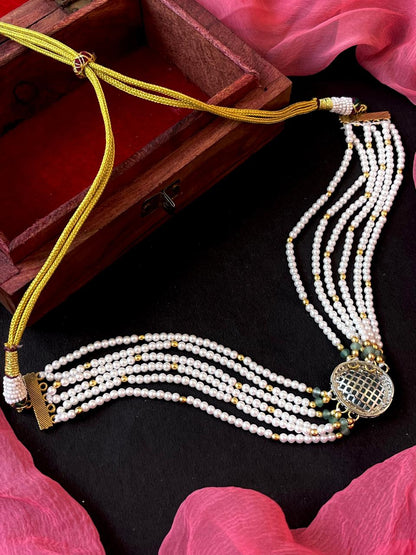 Monalisa Stone Pendant Pearl Five Layer Mala Choker Necklace