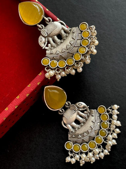 Monalisa Stone Silver Replica Elephant shape Oxidized Earring
