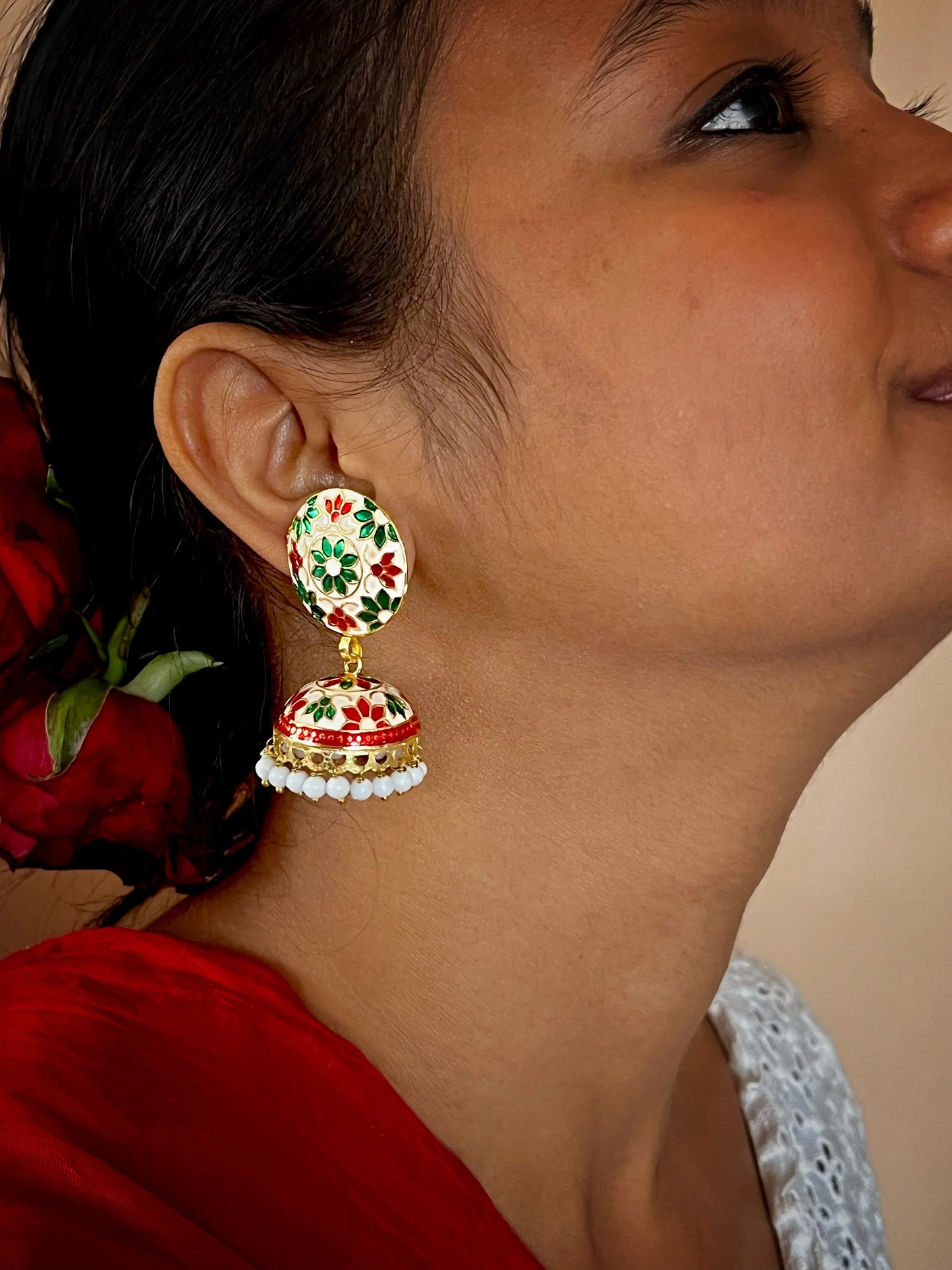 Meenakari Flower Print Top Jhumki Earring