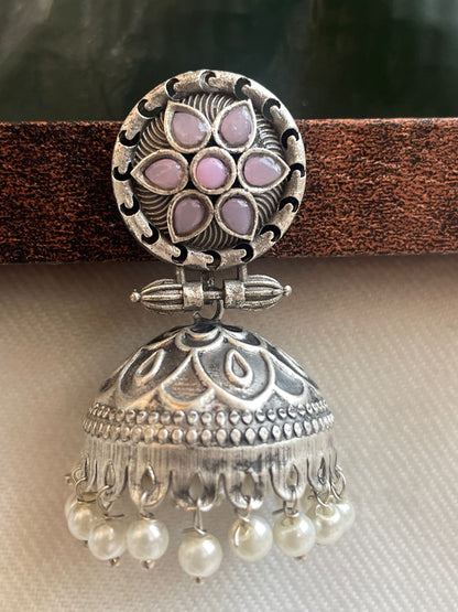 Silver Replica Jhumka Earring with Beads and stones