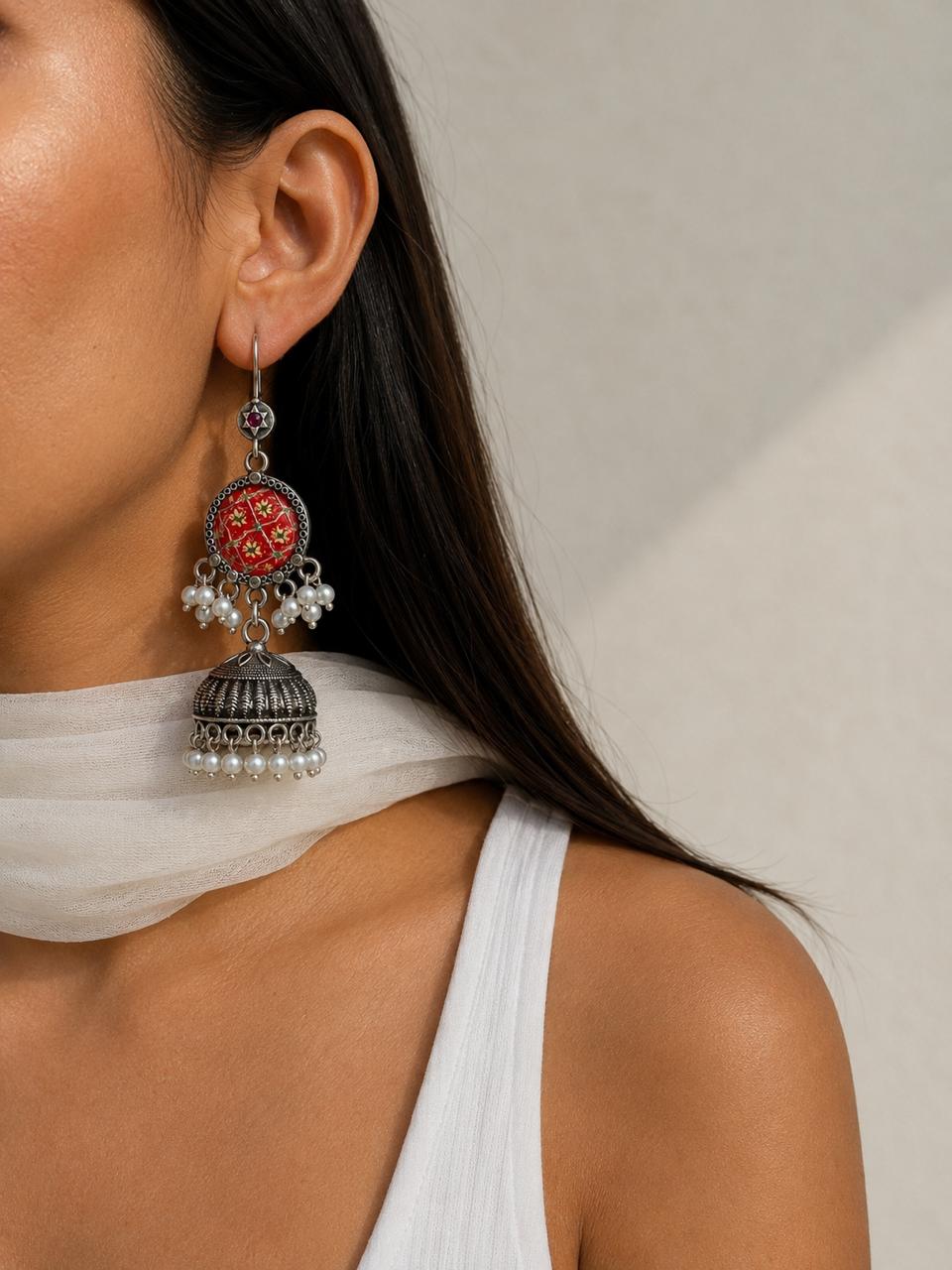 Hand Painted Top with Oxidized Jhumki Earring