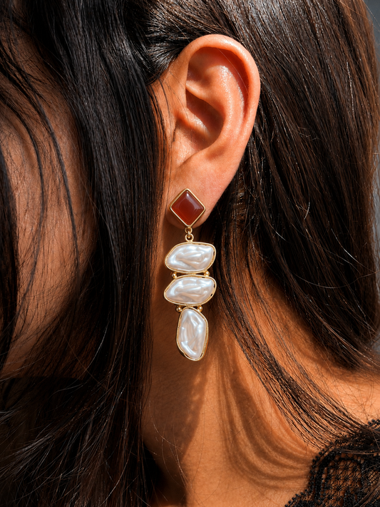 Monalisa Stone Shell Pearl Golden Geometrical Earring