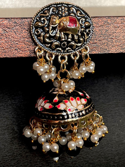 Elephant Top Meenakari Jhumka Earring