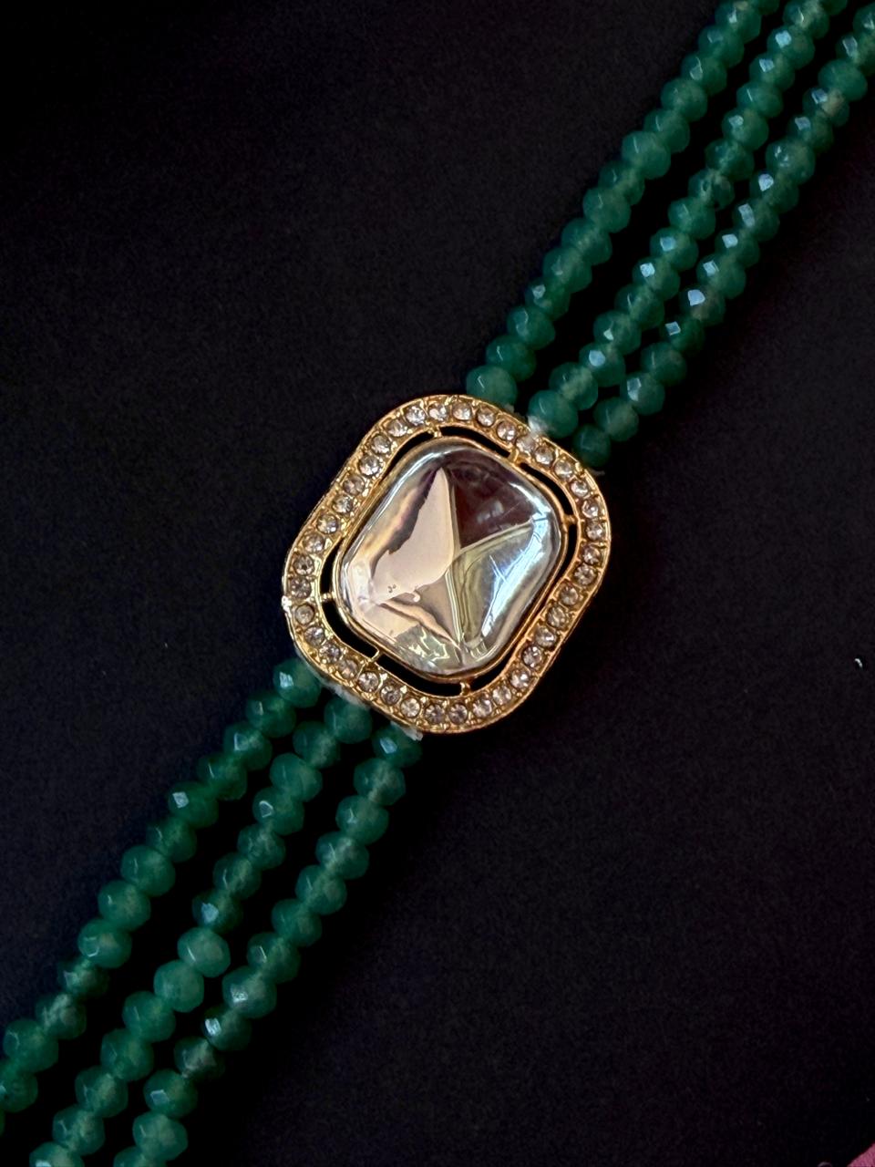 Stone Beads with Kundan Three Layered Choker and Kundan Earring Set