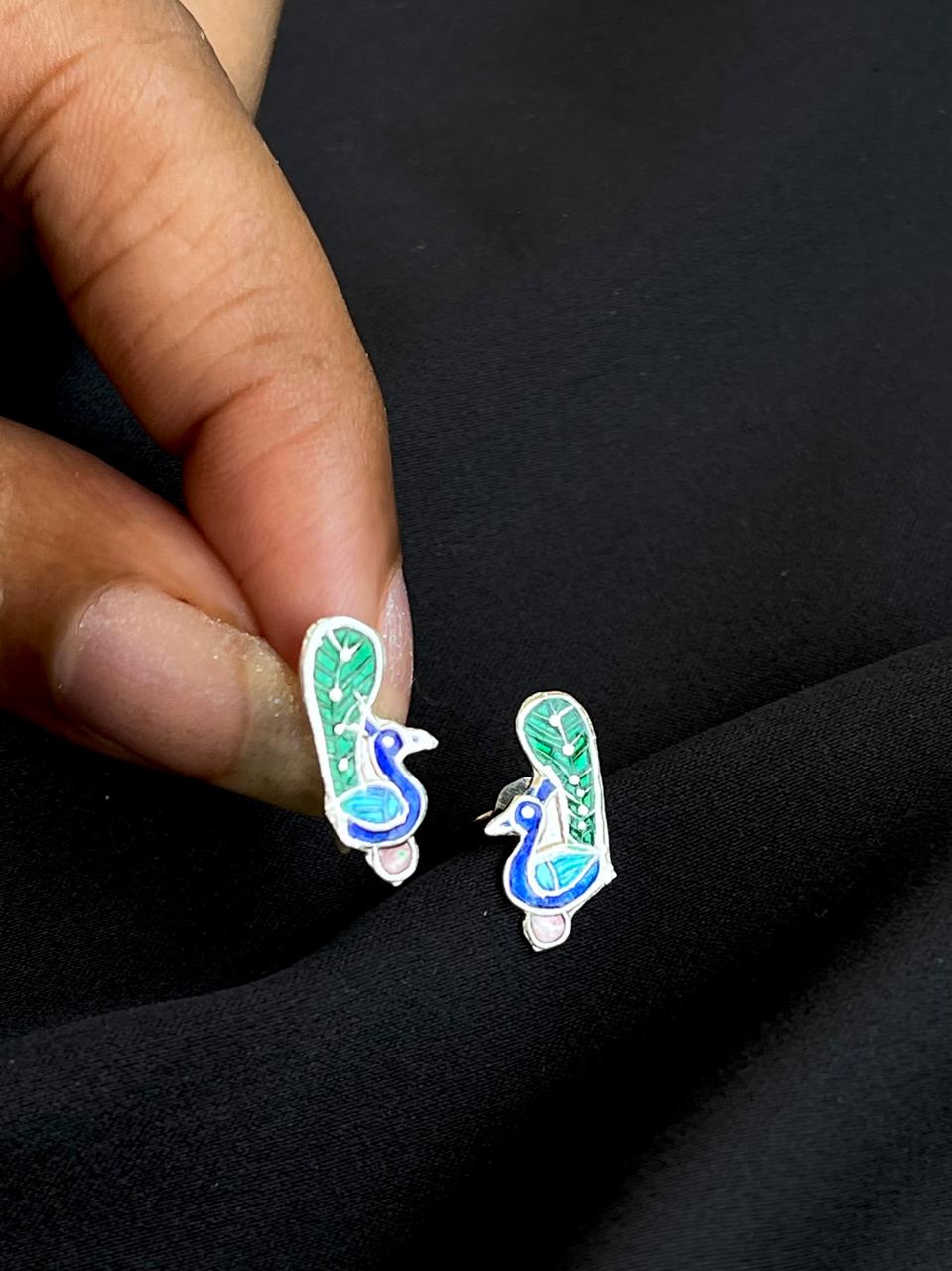 Meenakari Peacock Shape 92.5 Silver Stud Earring