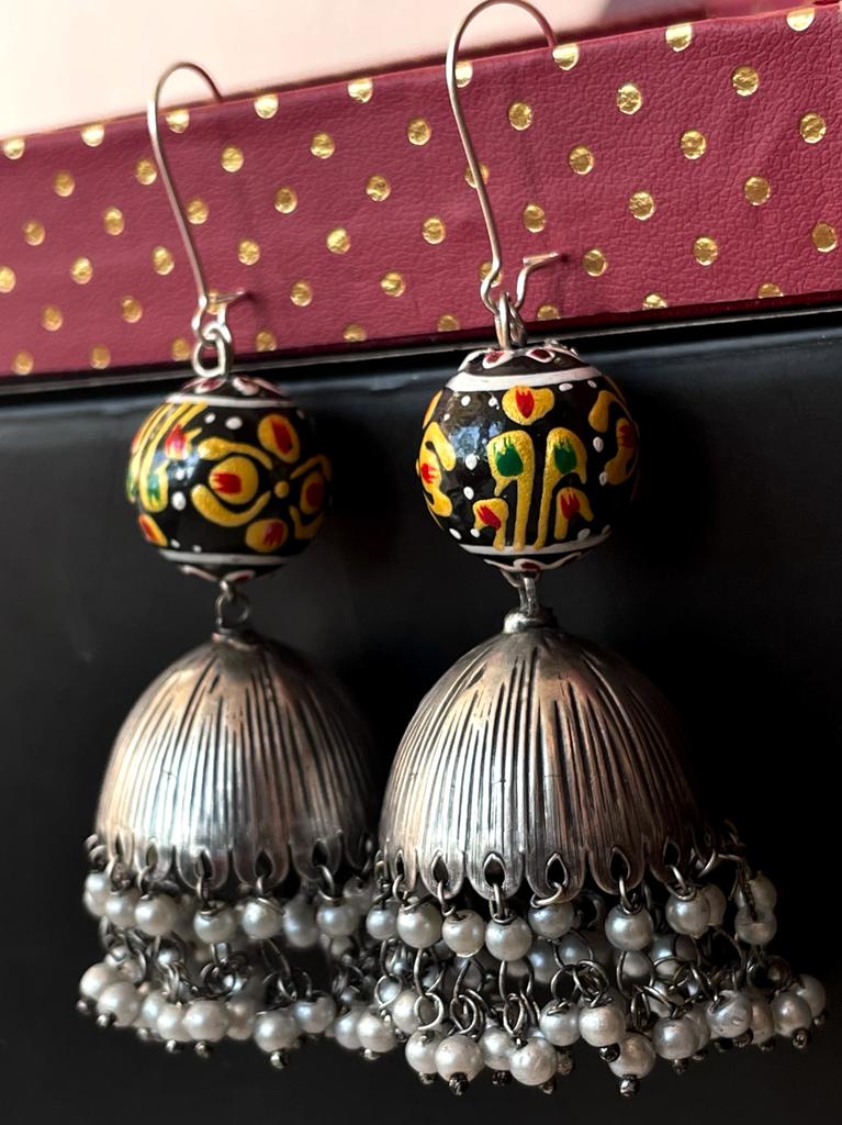 Oxidized Double layed Beaded Jhumka with Wooden Ball Earring