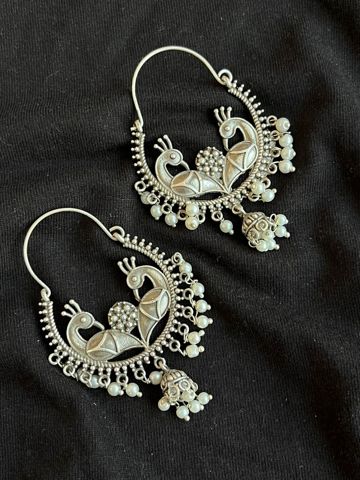 Peacock shape Hoop Oxidized Beaded Earring
