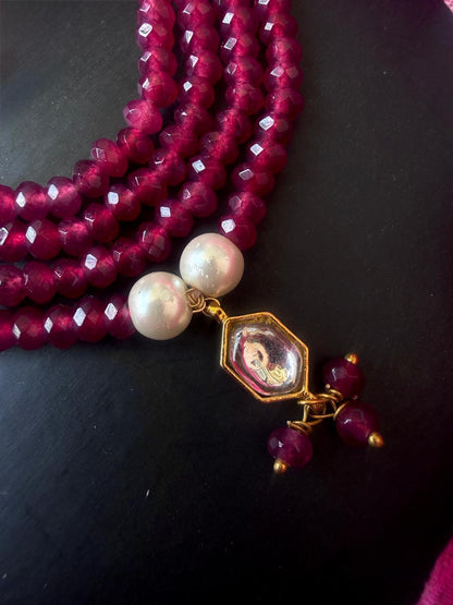 Pachi Kundan Pendant with Stone Beads Four Mala and Earring Set