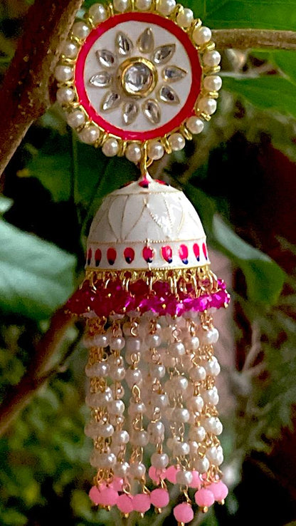Meenakari Big size Dome Shape Jhumka with Flower top and latkan of beads