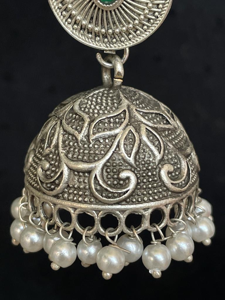 Silver Replica Dome Shape Jhumka Earring with stone and beads