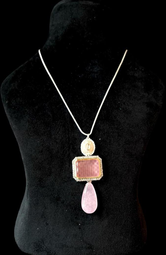 AD with Monalisa Jade Stone Meenkari Pendant Chain Necklace