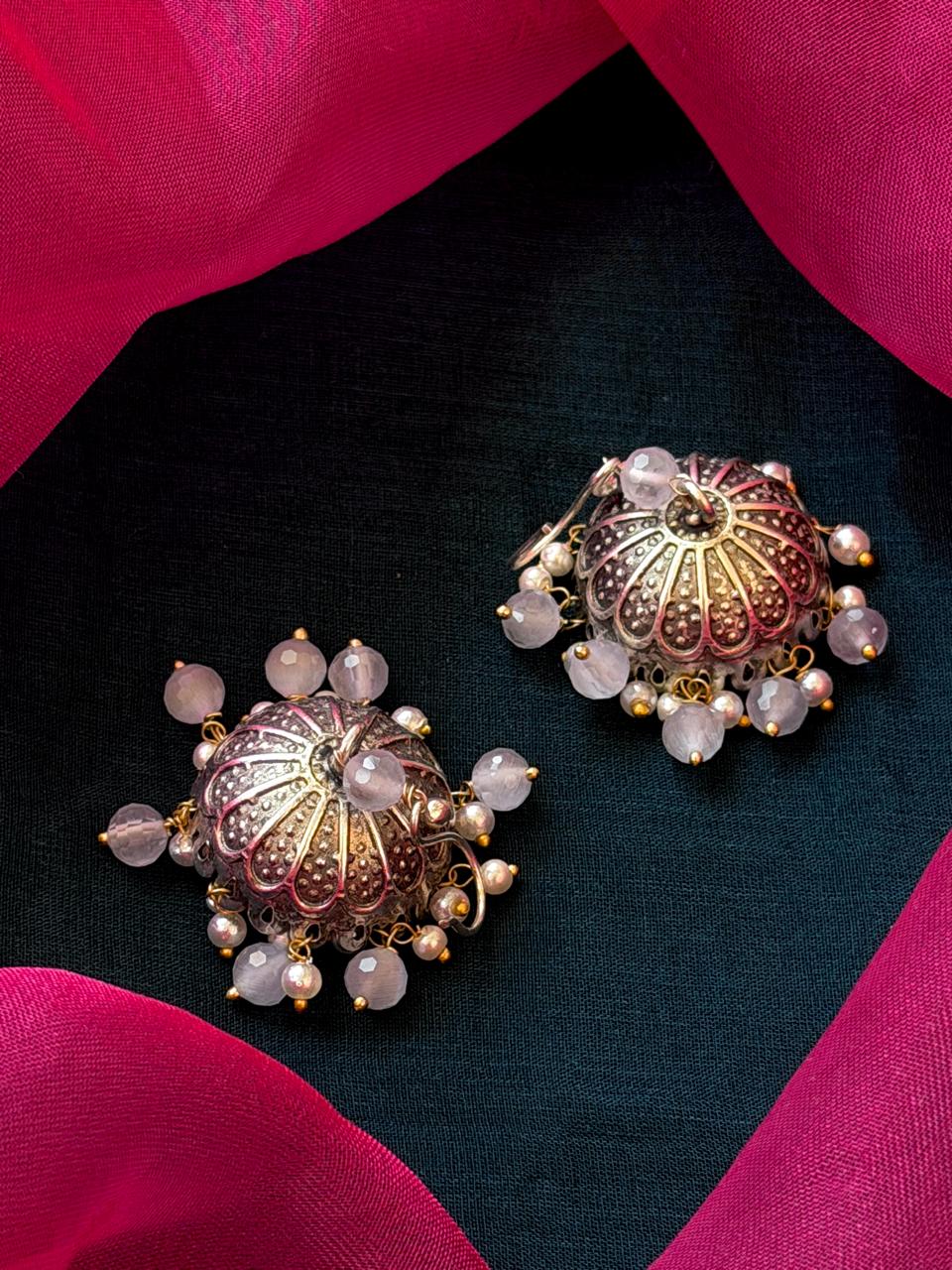 Cut Stone Beaded Silver Jhumki Earring