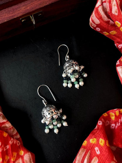 Stone Beaded Silver Replica Jhumki Earring