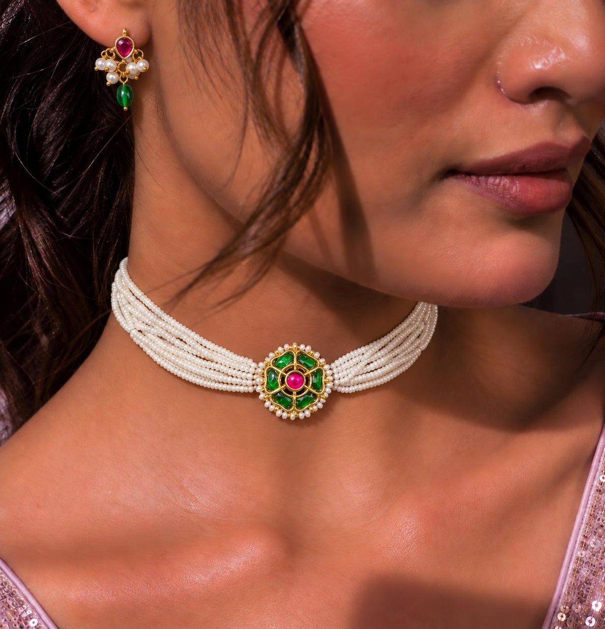 Pachi Kundan Pendant Choker Necklace with Earring set