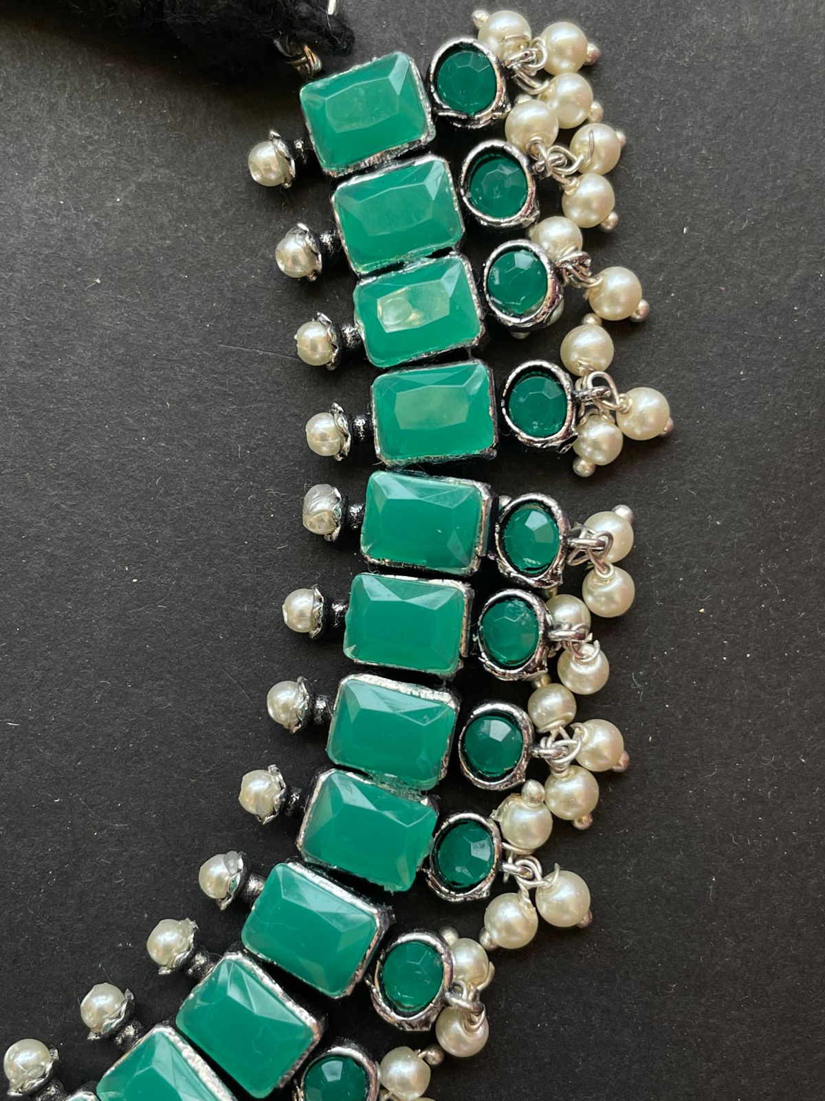 Oxidized Choker with earring set with Jade stones