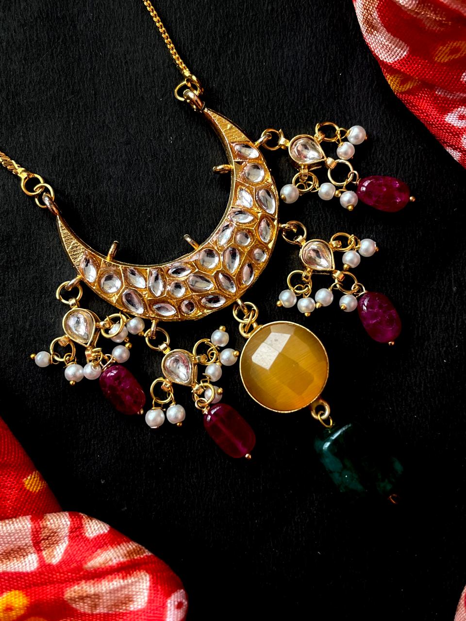Moon Shape Kundan, Pachi Kundan and Monalisa Stone Pendant Necklace