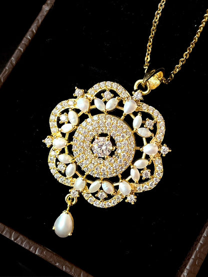 AD stone with Pearl Pendant and Earring Partywear set