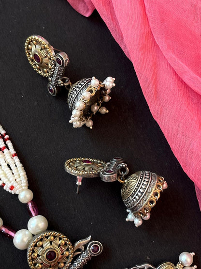 Dual Tone Ethnic Partywear Necklace with Earring set