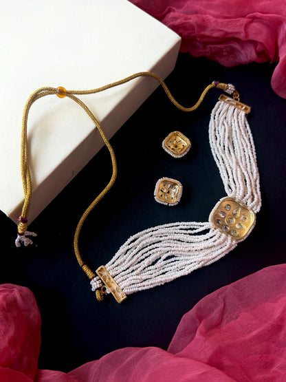 Kundan Meenakari Pendant Multi Layered Beaded Choker with Earring set