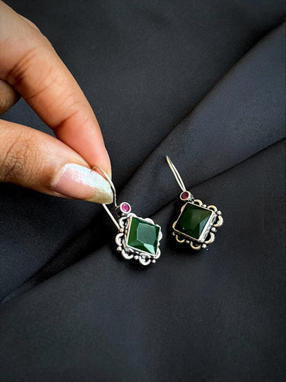 Green Square Cut Stone 92.5 Silver Earring