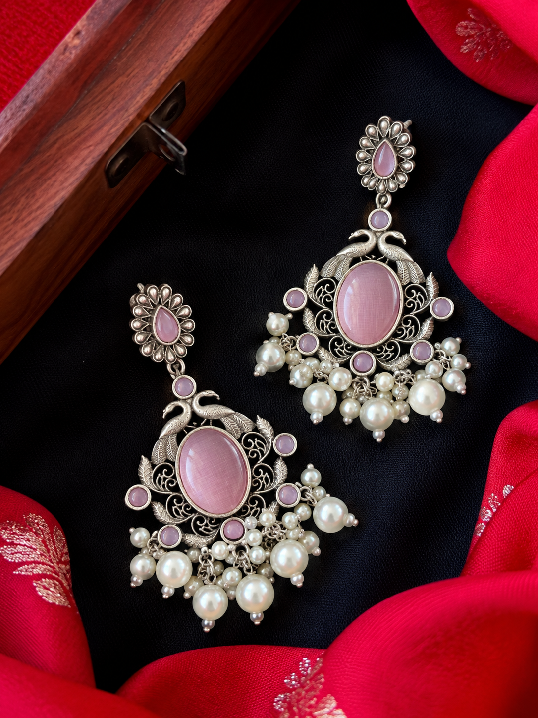 Ethnic Party wear Oxidized Drop earring with stone and beads