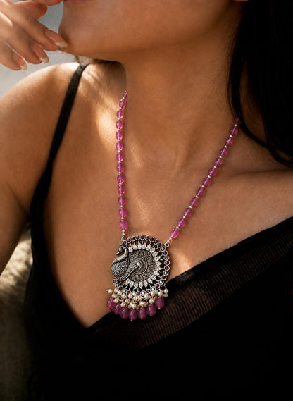 AD stone Oxidized Pendant Stone Baeded Mala Necklace