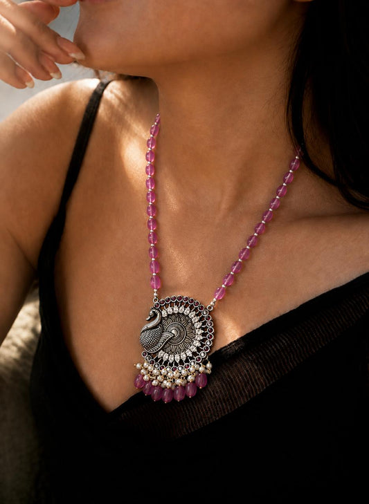 AD stone Oxidized Pendant Stone Baeded Mala Necklace