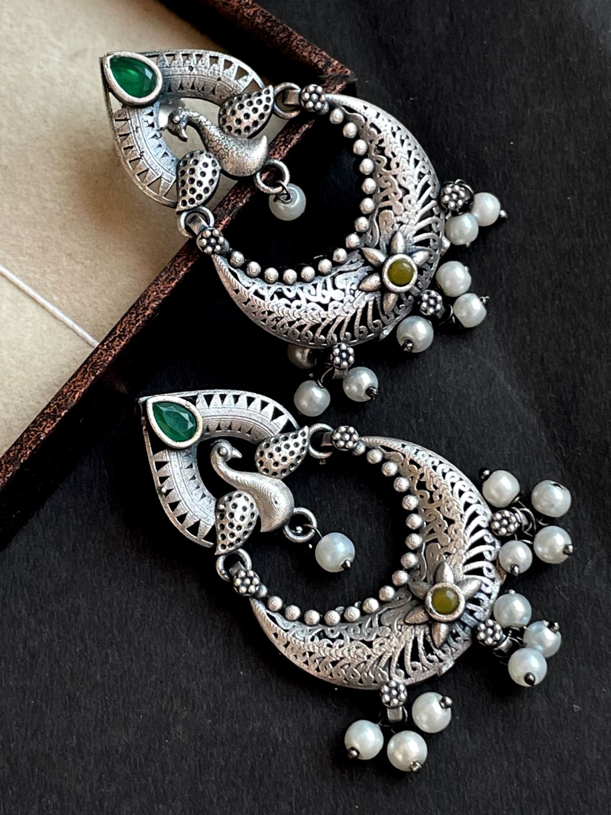 Peacock Shape Chandbali Oxidized Drop Earring