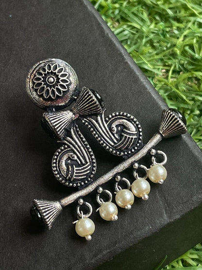 Black Polish Antique Look Flute Stud Earring