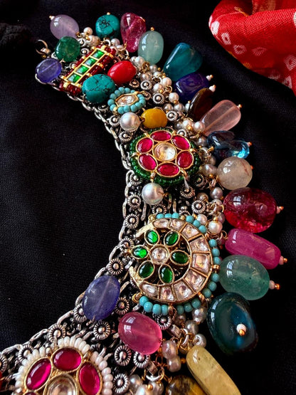 Pachi Kundan with Natural Stones Oxidized Choker Partywear Necklace