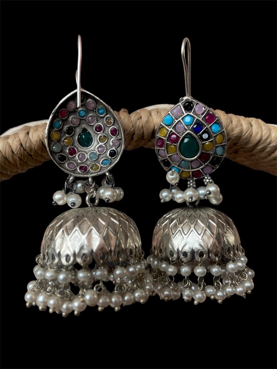 Monalisa Stone Top with Silver Replica Jhumka Earring