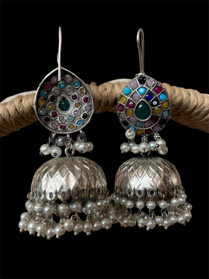 Monalisa Stone Top with Silver Replica Jhumka Earring