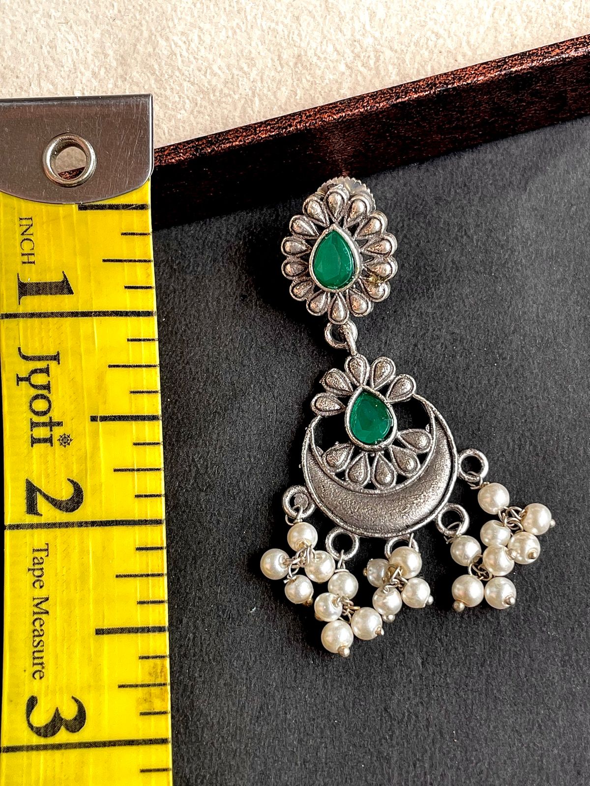 oxidized chandbali earing with stone and beads