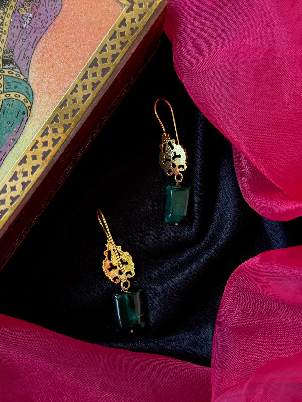 Golden Top with Stone Beads Earring
