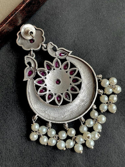 Silver Replica Big Chandbali Earring with Stones and Beads