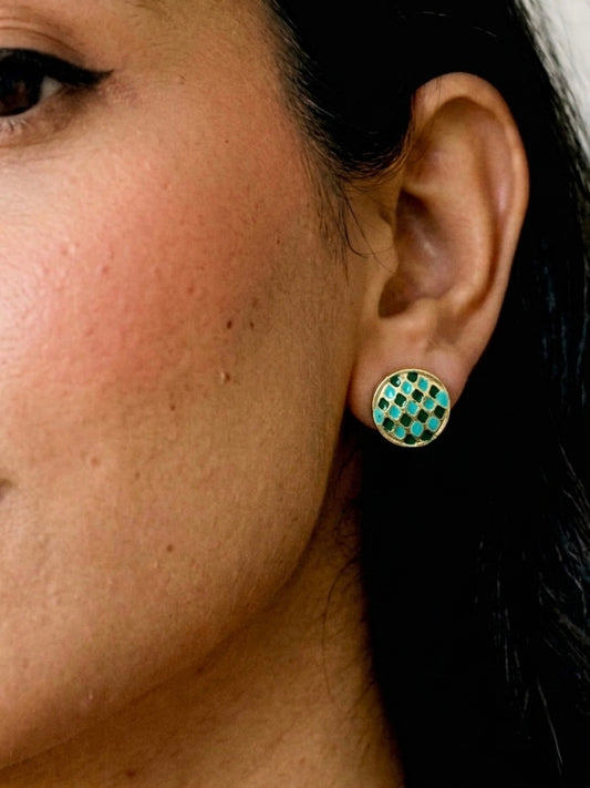 Gold-Plated Meenakari Checkered Small Stud Earring