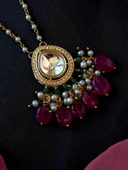 Kundan Beaded Pendant Chain Necklace with Earring set