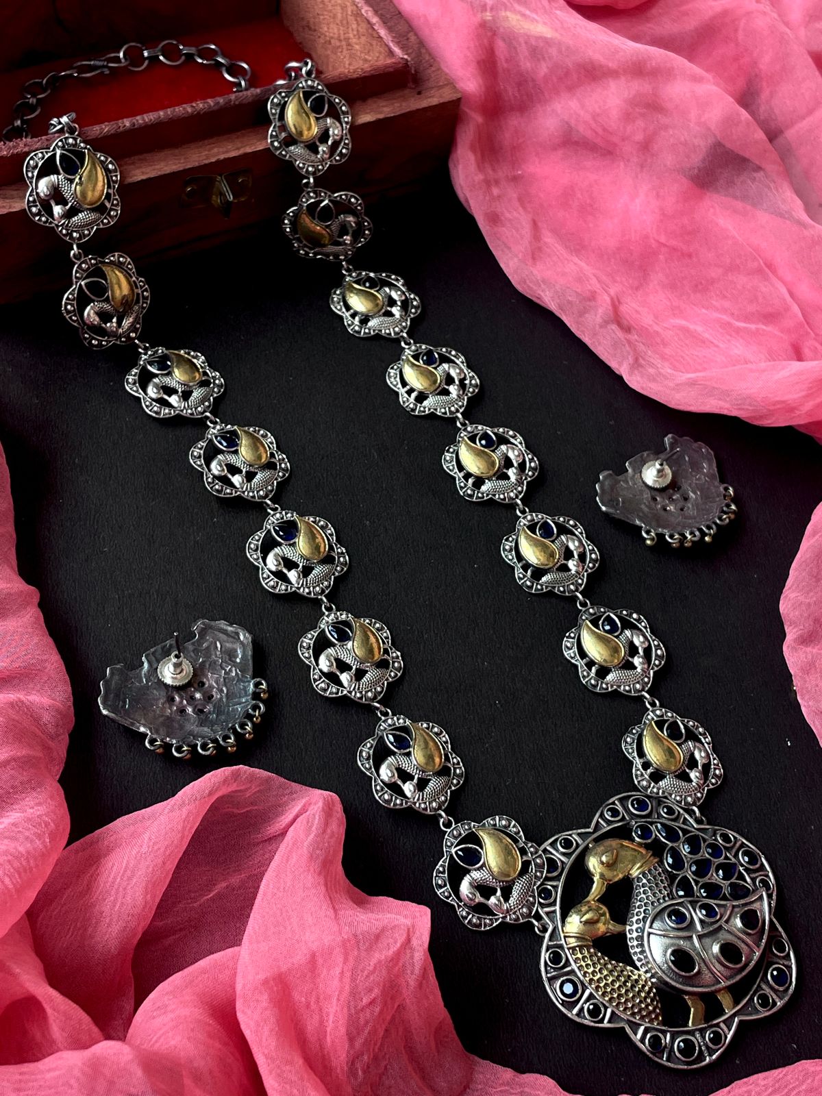 Dual Tone Long Partywear Necklace with Earring set