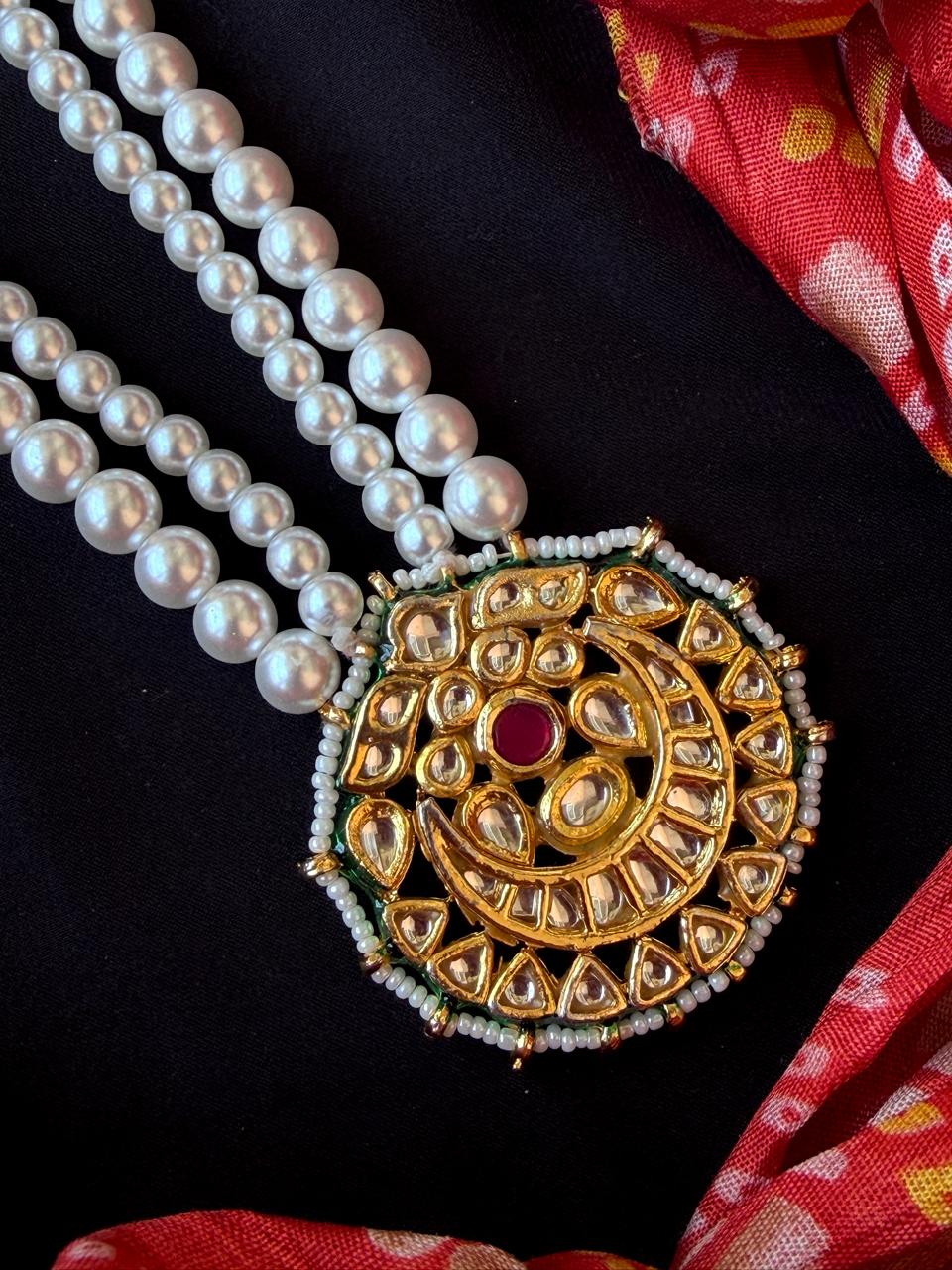 Kundan Pendant Glass Pearl Double Layer Mala Necklace with stud Earring set