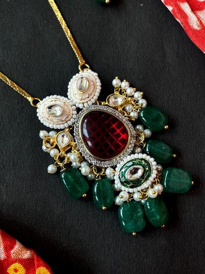 Monalisa Jade Stone with Kundan Meenakari Pendant Chain Necklace with Earring Set