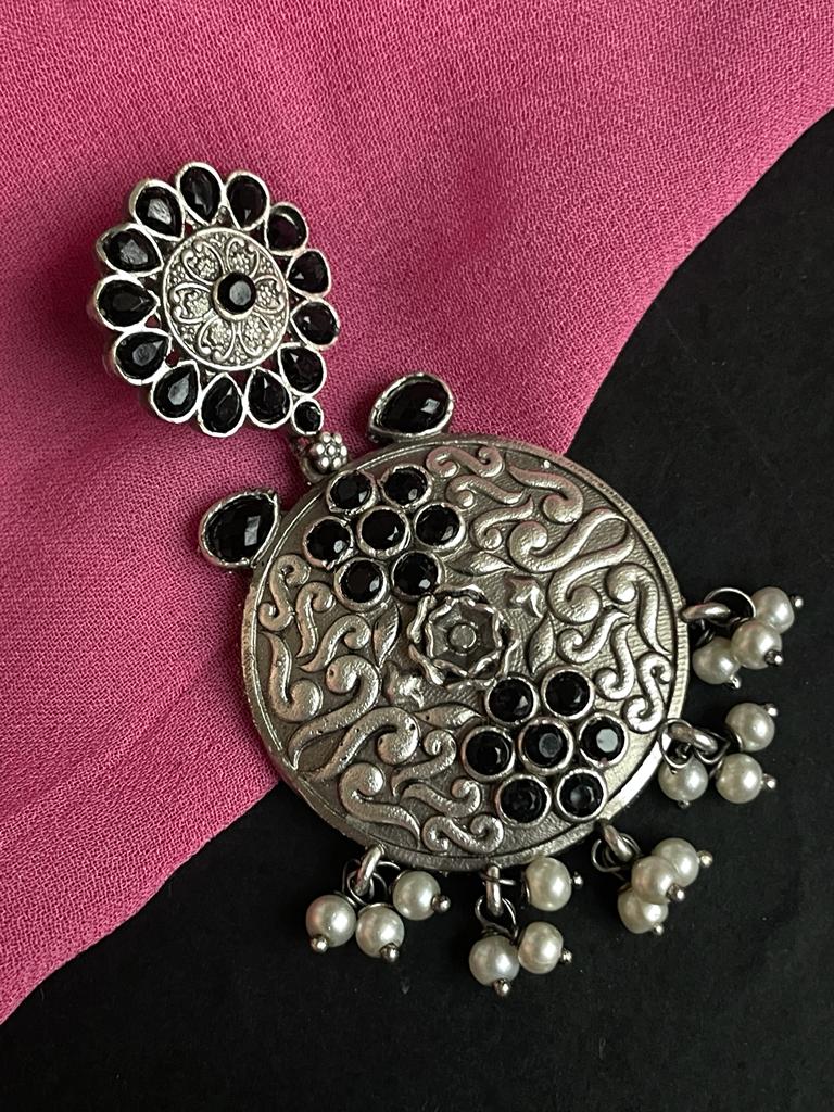 Silver Replica Black Polish Ethnic Earring