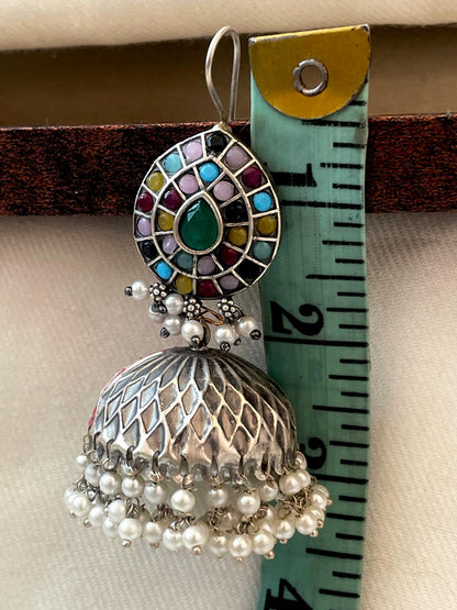 Monalisa Stone Top with Silver Replica Jhumka Earring