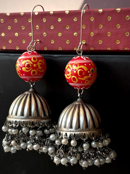 Oxidized Double layed Beaded Jhumka with Wooden Ball Earring