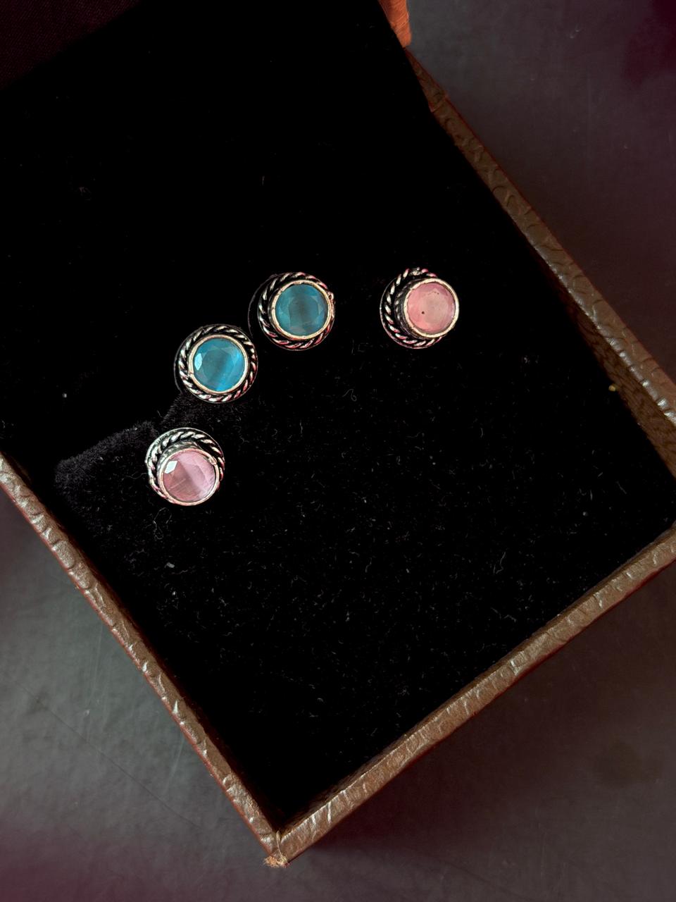 Set of 2 Oxidized Monalisa Stone Studs with One Oxidized Jhumki Earring