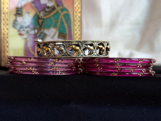 Glass Bangles with Dual Tone Kada Set